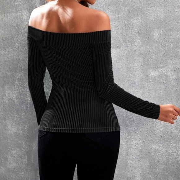 Black Off Shoulder Ribbed Fitted Sexy Top - Picture 4 of 16